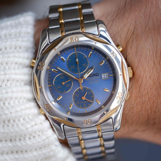 Vintage Seiko SQ50 Chronograph Quartz Blue Sunburst Dial 90s