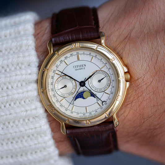 Vintage Citizen Moonphase Triple Calendar Watch 80s Gold Quartz