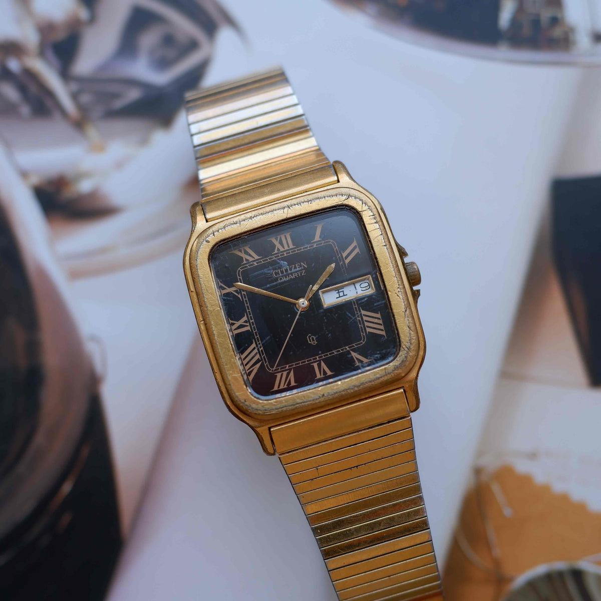 Vintage Citizen Square Watch 80s Gold Black Roman Dial Day-Date Quartz