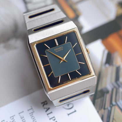 Vintage Seiko Tank Style Blue Dial Two-Tone Quartz 80s