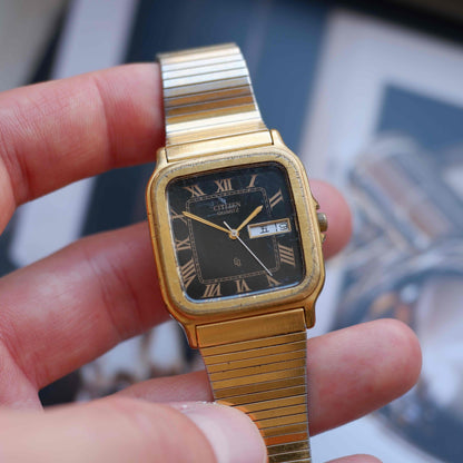 Vintage Citizen Square Watch 80s Gold Black Roman Dial Day-Date Quartz