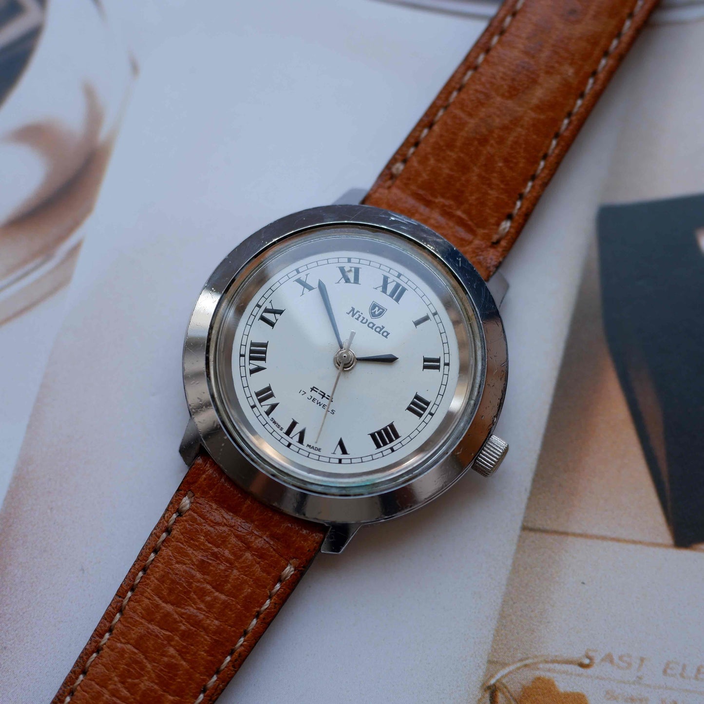 Vintage Nivada F77 Midsize White Roman Dial Automatic 70s