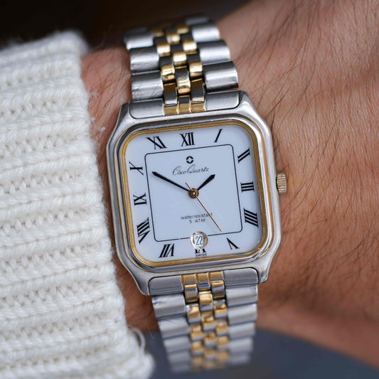 Vintage Osco Tank Style Watch 90s Roman Dial Two Tone Quartz