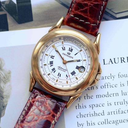 Vintage Pryngeps Automatic Italien Day-Date Watch 90s Gold Roman Dial 25 Jewels