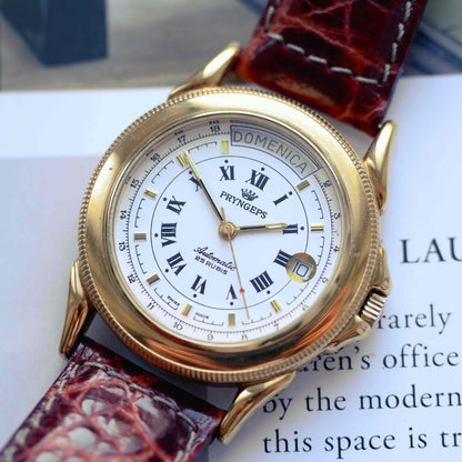 Vintage Pryngeps Automatic Italien Day-Date Watch 90s Gold Roman Dial 25 Jewels