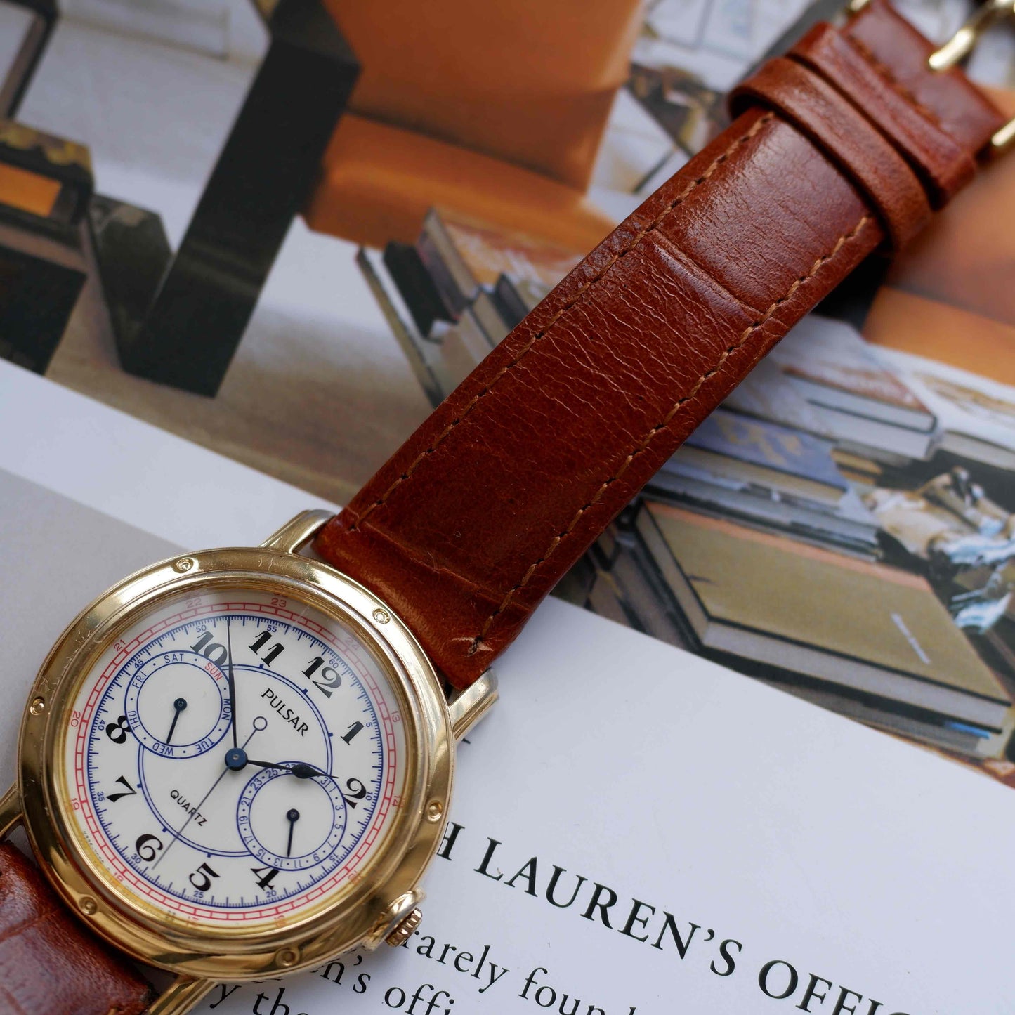 Vintage Pulsar by Seiko Day-Date Subdial Marine Style Gold Watch