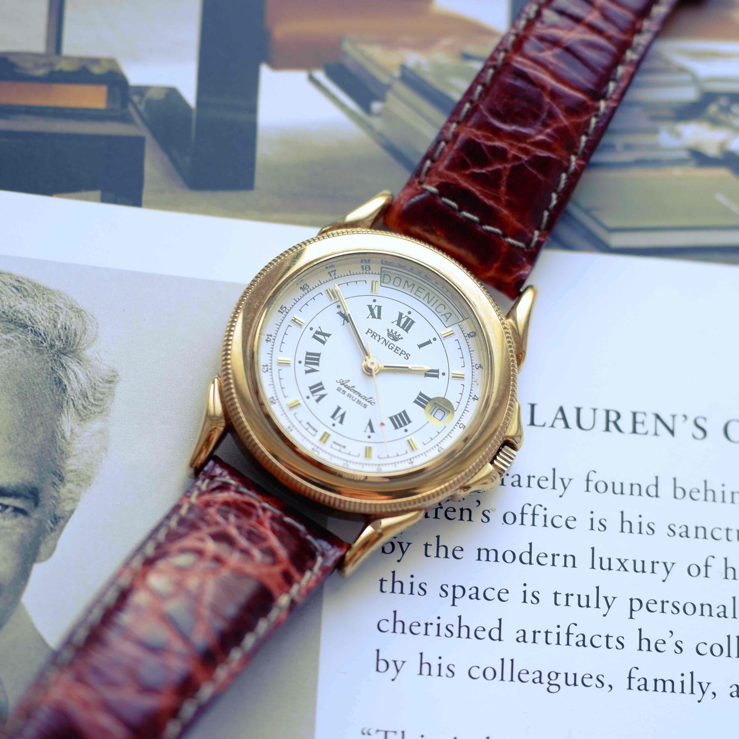 Vintage Pryngeps Automatic Italien Day-Date Watch 90s Gold Roman Dial 25 Jewels