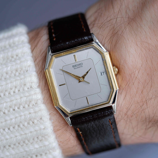 Vintage Seiko Tank Style Dress Watch 80s Gold Gray Dial Quartz