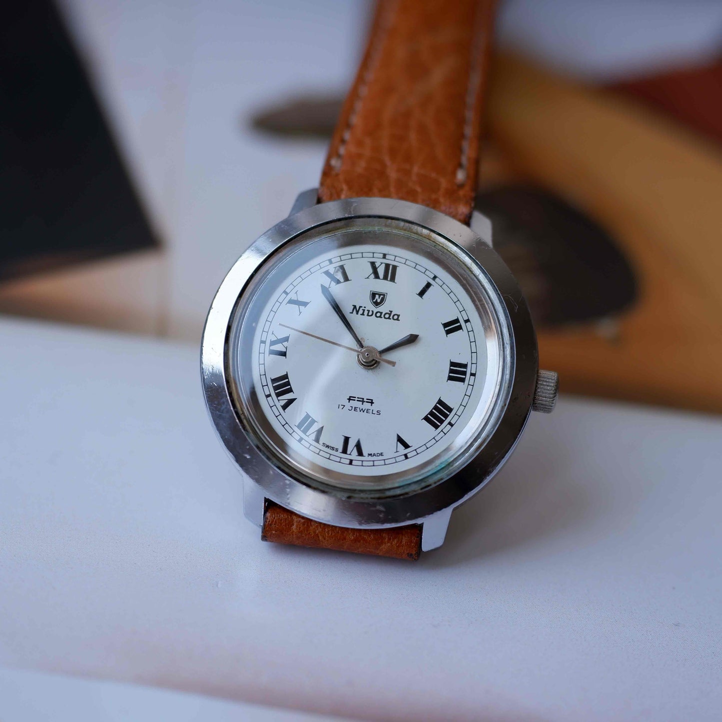 Vintage Nivada F77 Midsize White Roman Dial Automatic 70s