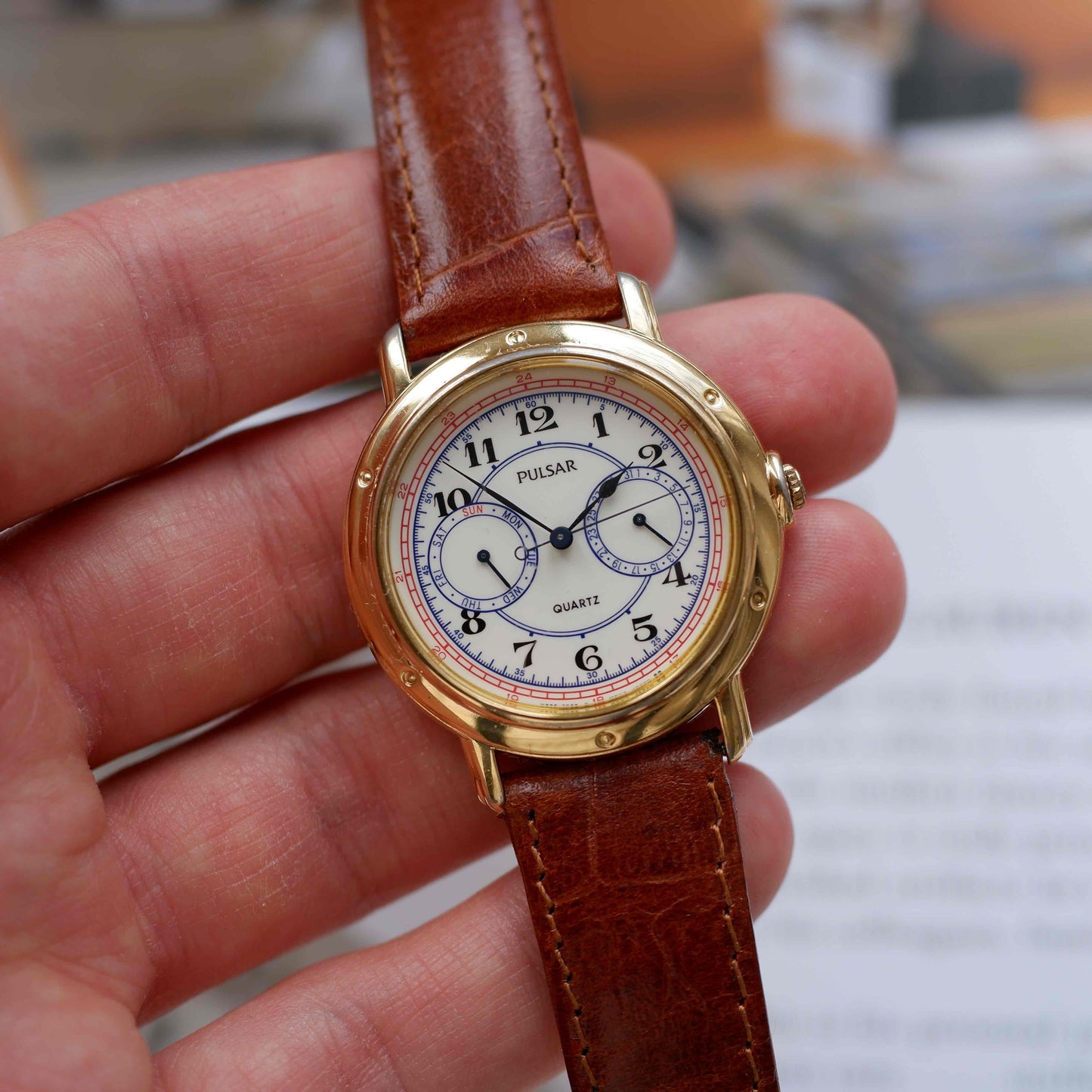 Vintage Pulsar by Seiko Day-Date Subdial Marine Style Gold Watch