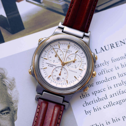 Vintage Citizen Chronograph Alarm Titan 80s Gold Two Tone Quartz