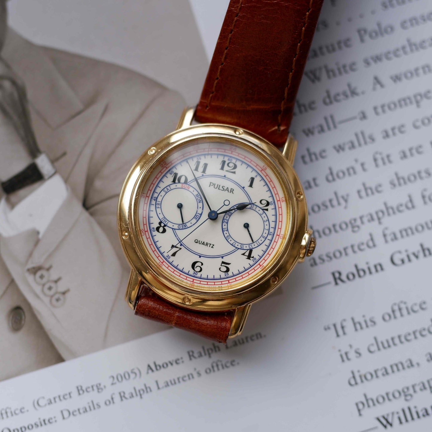 Vintage Pulsar by Seiko Day-Date Subdial Marine Style Gold Watch