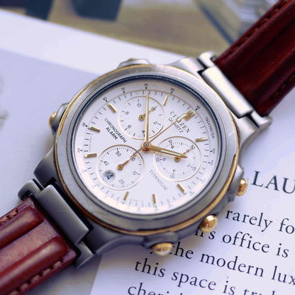 Vintage Citizen Chronograph Alarm Titan 80s Gold Two Tone Quartz