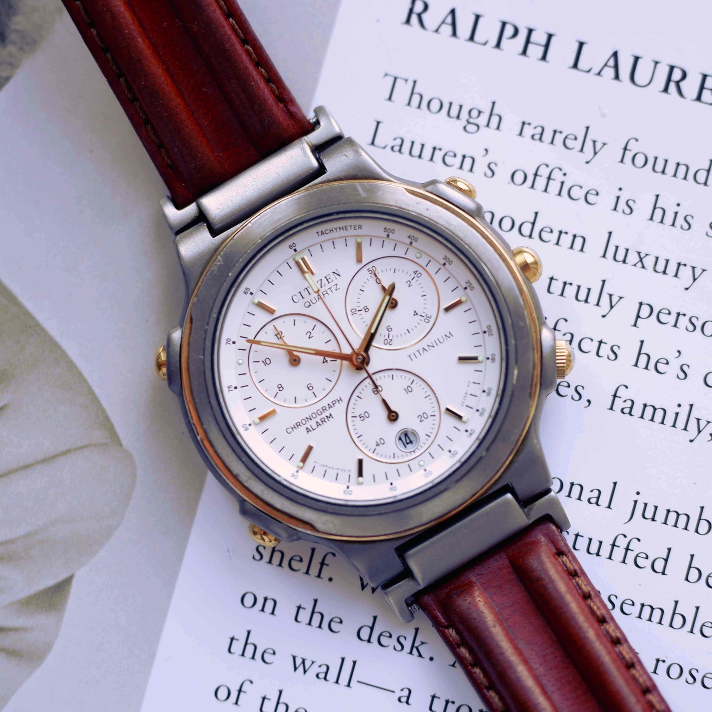 Vintage Citizen Chronograph Alarm Titan 80s Gold Two Tone Quartz