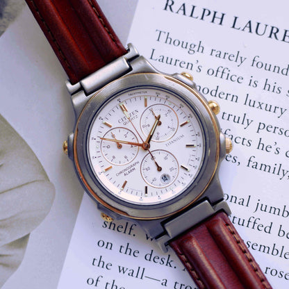 Vintage Citizen Chronograph Alarm Titan 80s Gold Two Tone Quartz