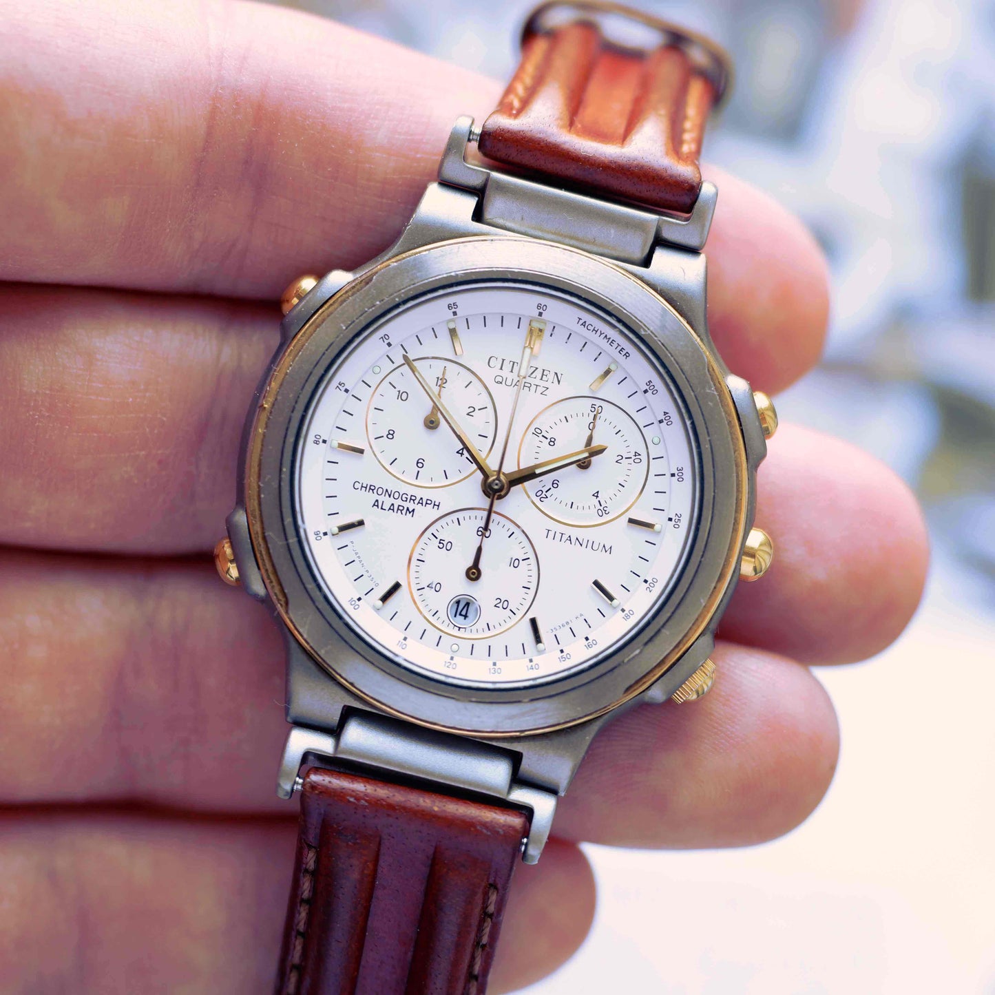 Vintage Citizen Chronograph Alarm Titan 80s Gold Two Tone Quartz