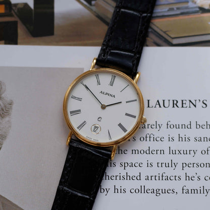 Vintage Alpina White Dial Golden Roman Numerals Quartz 80s