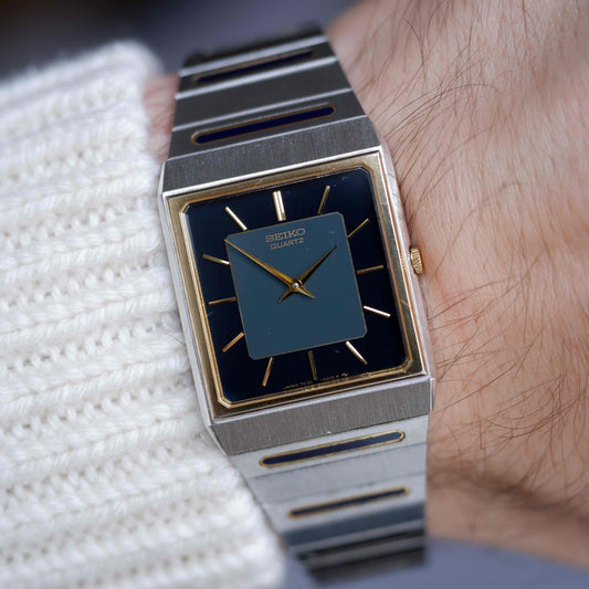 Vintage Seiko Tank Style Blue Dial Two-Tone Quartz 80s