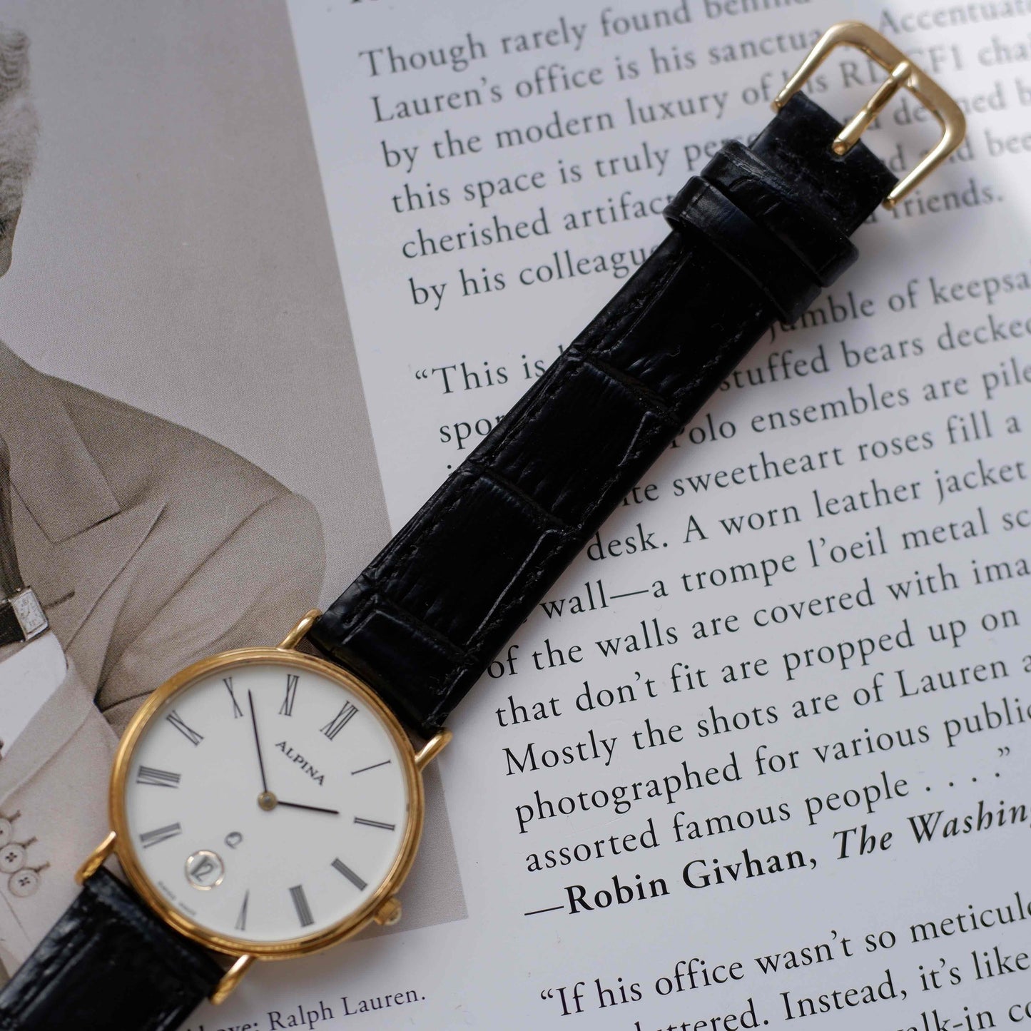 Vintage Alpina White Dial Golden Roman Numerals Quartz 80s