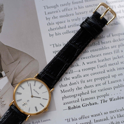 Vintage Alpina White Dial Golden Roman Numerals Quartz 80s