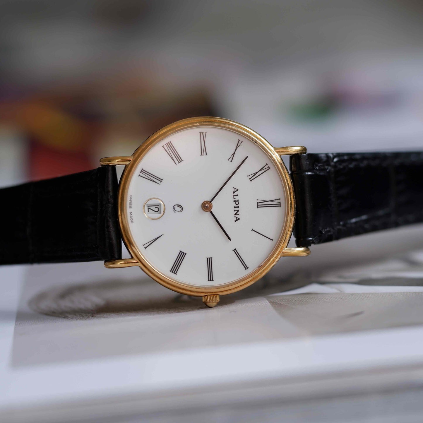 Vintage Alpina White Dial Golden Roman Numerals Quartz 80s