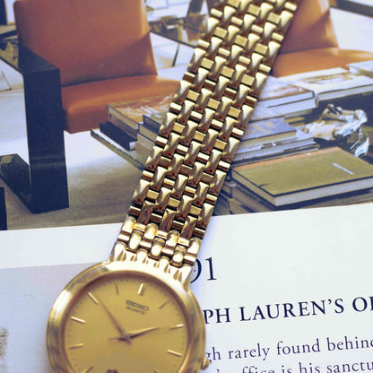Vintage Seiko Gold-Tone Quartz Watch 80s Minimalist Champagne Dial