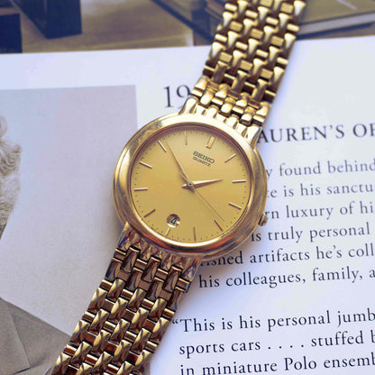 Vintage Seiko Gold-Tone Quartz Watch 80s Minimalist Champagne Dial