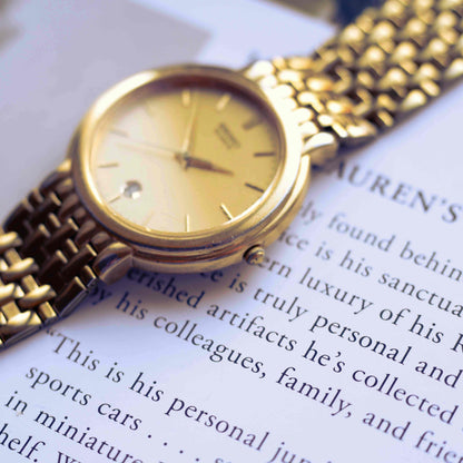 Vintage Seiko Gold-Tone Quartz Watch 80s Minimalist Champagne Dial