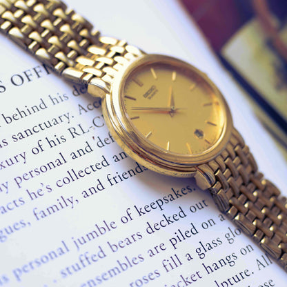 Vintage Seiko Gold-Tone Quartz Watch 80s Minimalist Champagne Dial