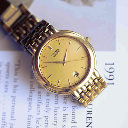 Vintage Seiko Gold-Tone Quartz Watch 80s Minimalist Champagne Dial