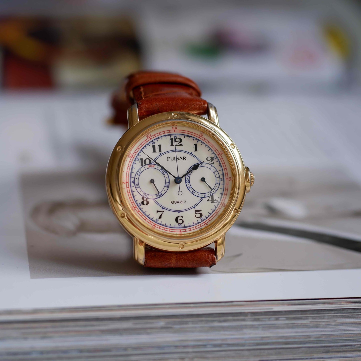 Vintage Pulsar by Seiko Day-Date Subdial Marine Style Gold Watch
