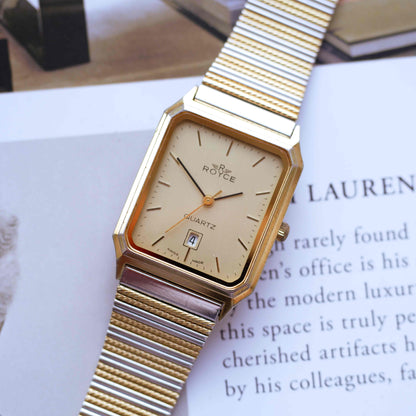 Vintage Royce Tank Watch 80s Gold Champagne Dial Quartz Two-Tone