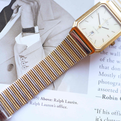 Vintage Royce Tank Watch 80s Gold Champagne Dial Quartz Two-Tone