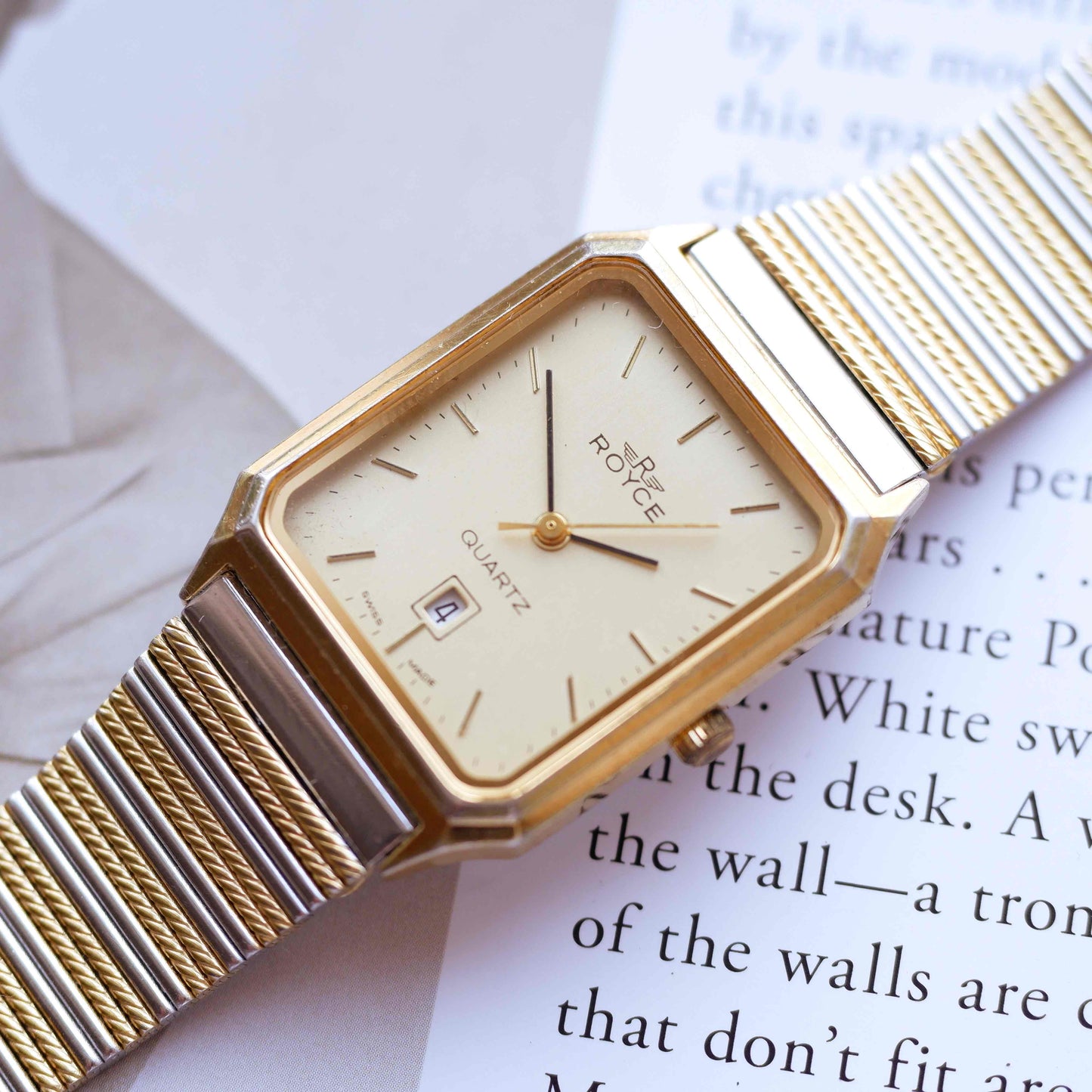 Vintage Royce Tank Watch 80s Gold Champagne Dial Quartz Two-Tone