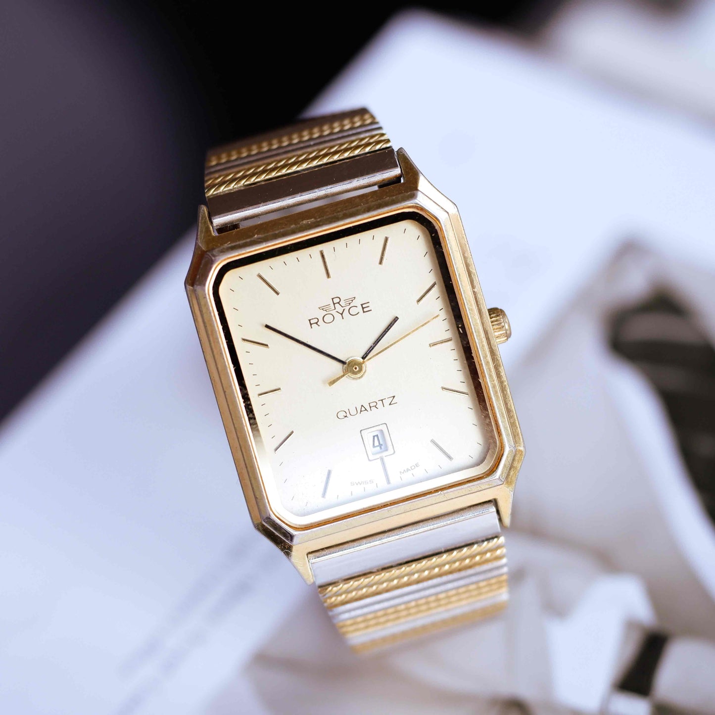 Vintage Royce Tank Watch 80s Gold Champagne Dial Quartz Two-Tone