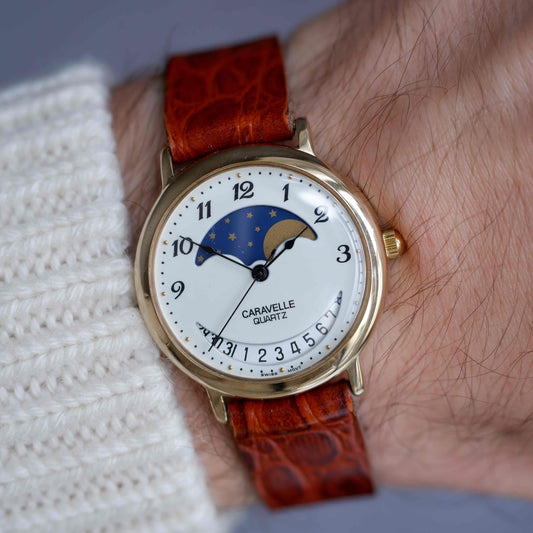 Vintage Caravelle by Bulova Moon Phase Dress Watch 90s Gold Quartz