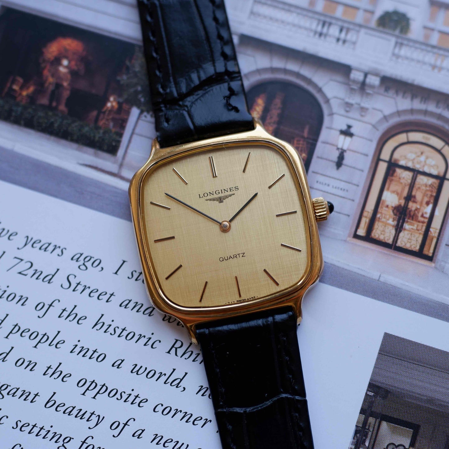 Vintage Longines TV Case Watch Gold Linen Dial Cabochon Crown 80s