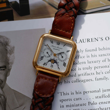 Vintage Pierre Renoir Moon Phase Day-Date Dress Watch 90s Gold Quartz MINT