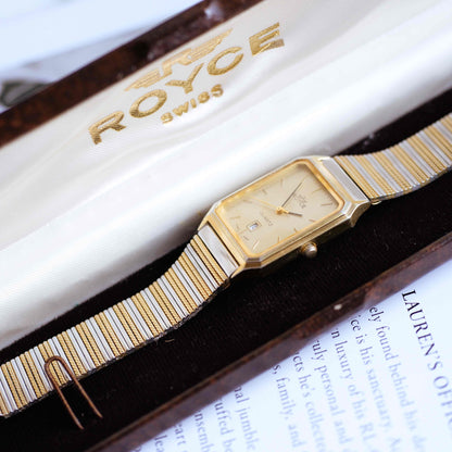 Vintage Royce Tank Watch 80s Gold Champagne Dial Quartz Two-Tone