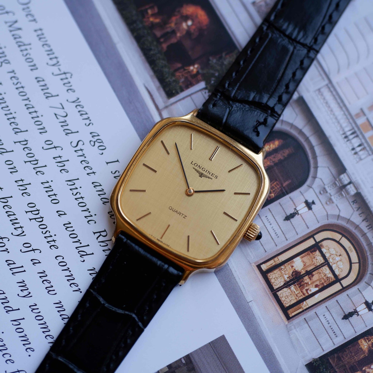 Vintage Longines TV Case Watch Gold Linen Dial Cabochon Crown 80s