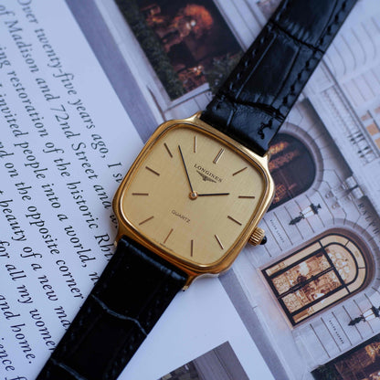 Vintage Longines TV Case Watch Gold Linen Dial Cabochon Crown 80s