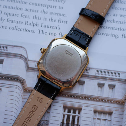 Vintage Longines TV Case Watch Gold Linen Dial Cabochon Crown 80s
