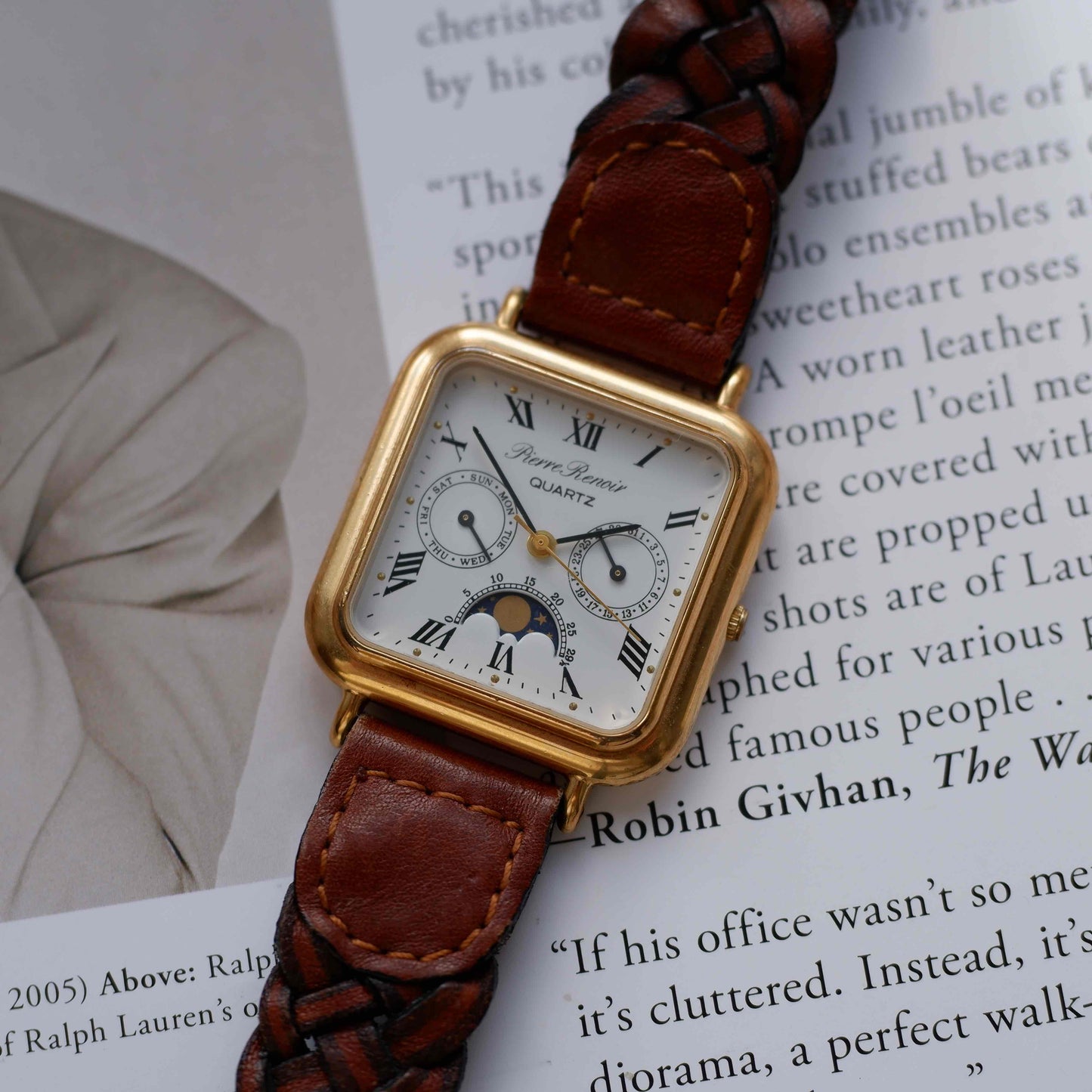 Vintage Pierre Renoir Moon Phase Day-Date Dress Watch 90s Gold Quartz MINT