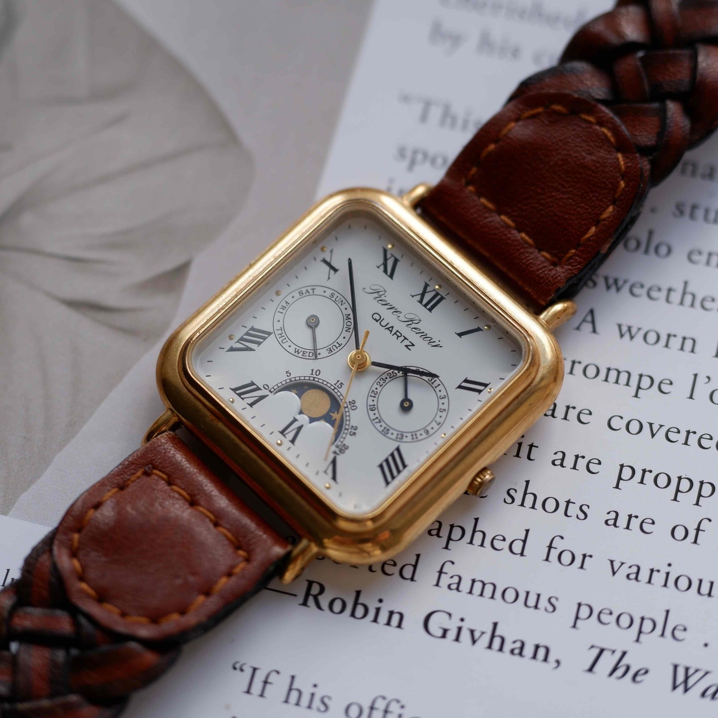 Vintage Pierre Renoir Moon Phase Day-Date Dress Watch 90s Gold Quartz MINT