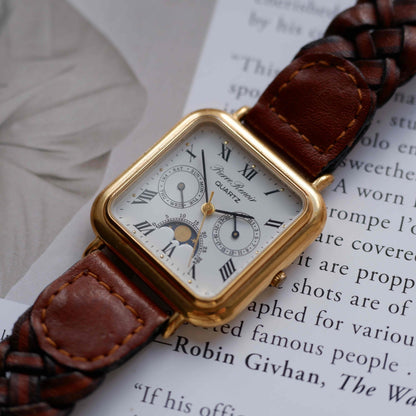 Vintage Pierre Renoir Moon Phase Day-Date Dress Watch 90s Gold Quartz MINT