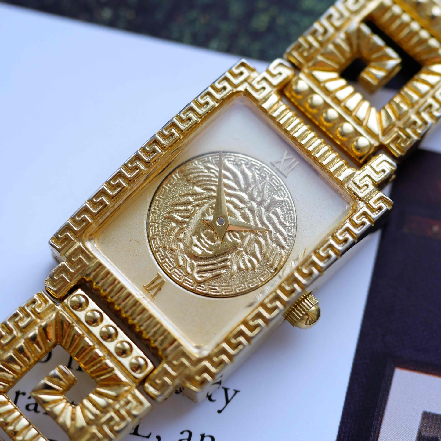 Vintage Gianni Versace Medusa Tank Watch 90s Gold Roman Dial Quartz