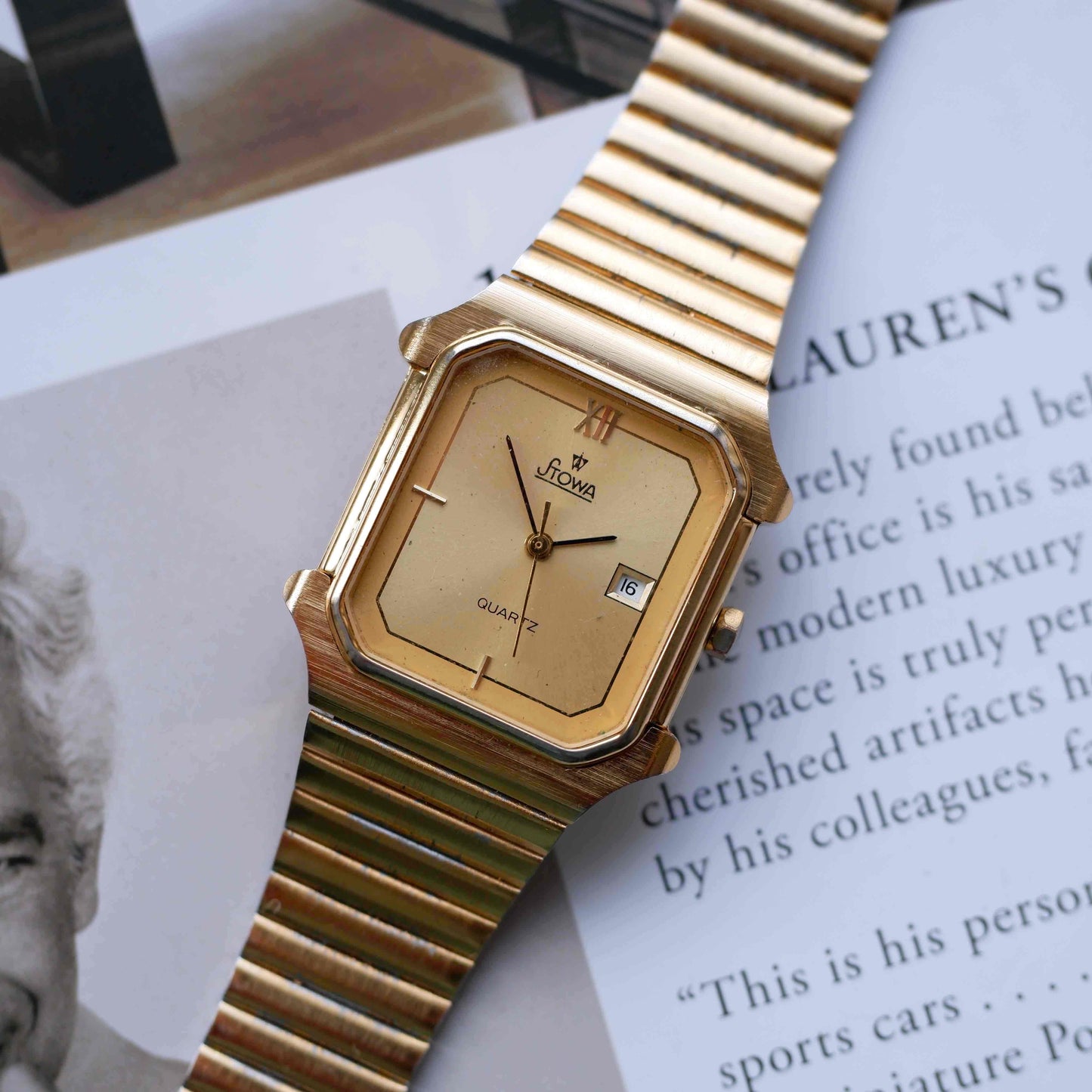Vintage Stowa Tank Watch 80s Gold Champagne Dial Quartz Date