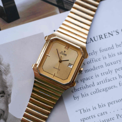 Vintage Stowa Tank Watch 80s Gold Champagne Dial Quartz Date