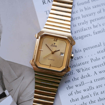 Vintage Stowa Tank Watch 80s Gold Champagne Dial Quartz Date