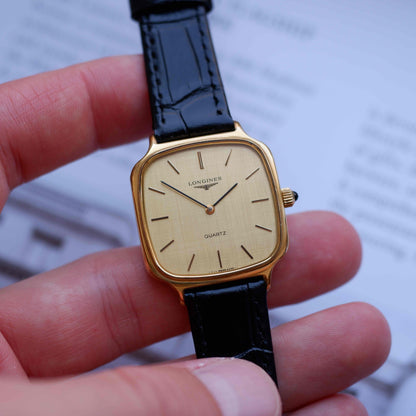 Vintage Longines TV Case Watch Gold Linen Dial Cabochon Crown 80s